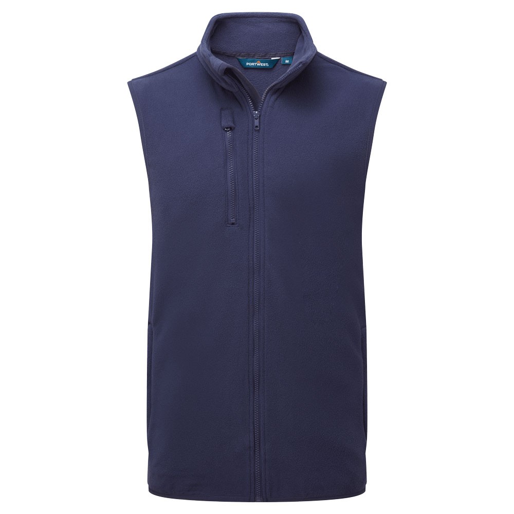 A navy blue safety vest designed for use on construction sites and in industrial work environments.,