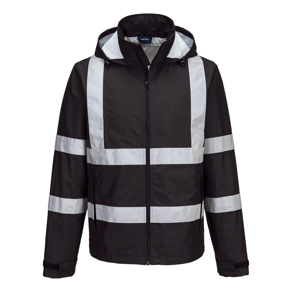 A navy blue jacket designed for use on construction sites and in industrial work environments.,