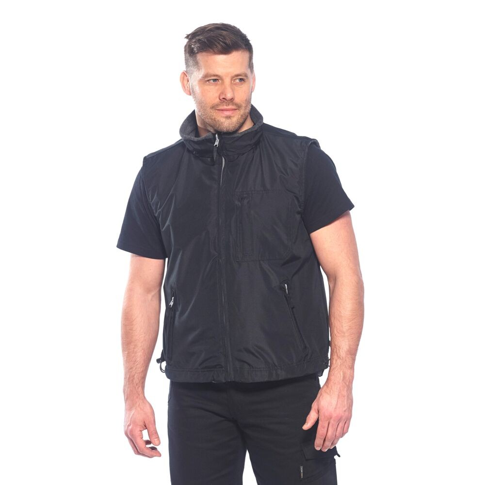A black jacket designed for use on construction sites and in industrial work environments.,