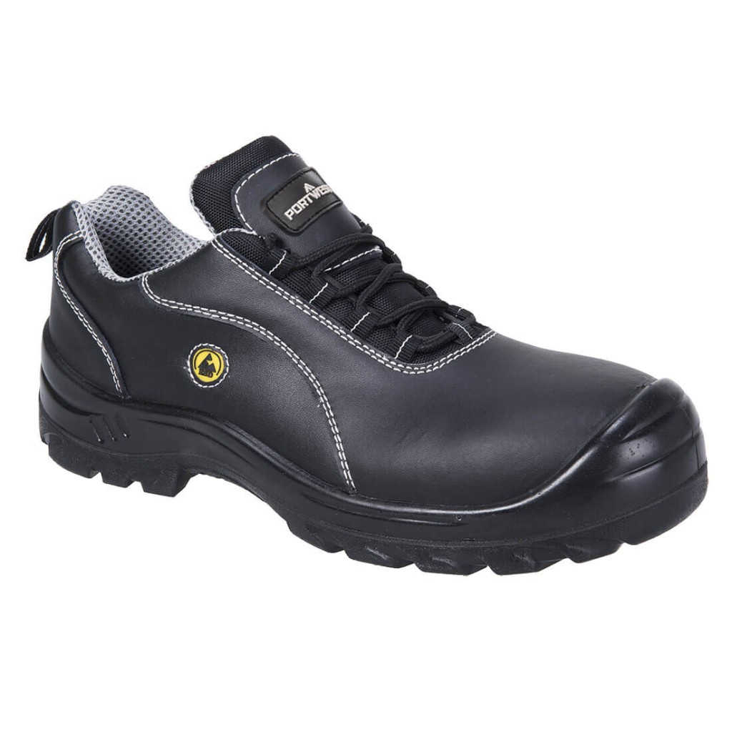 A safety trainer with a composite toecap, a cushioned insole, and a lightweight anti-slip sole, suitable for lighter-duty site work.