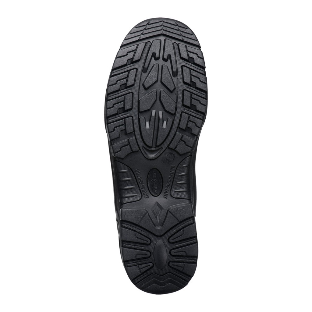 A black composite safety boot with an anti-slip sole and padded collar, designed for comfort and protection during extended site work.