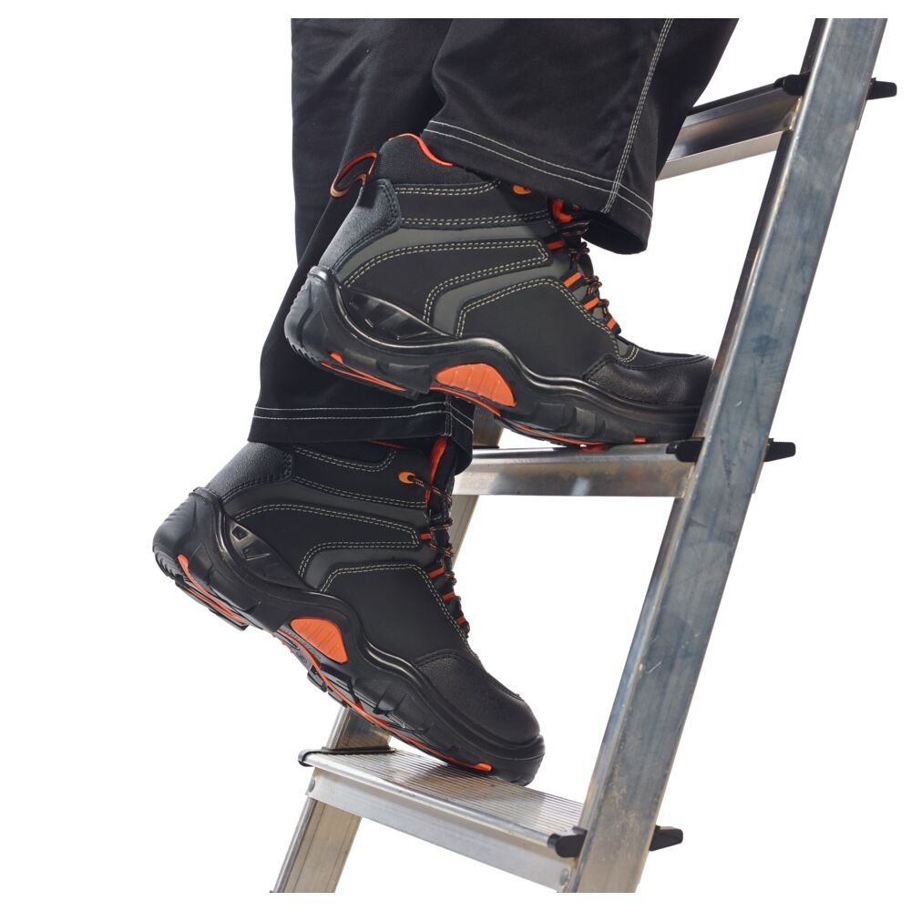 A black leather safety boot with a composite toecap and anti-slip sole, providing lightweight safety protection for site and industrial use.