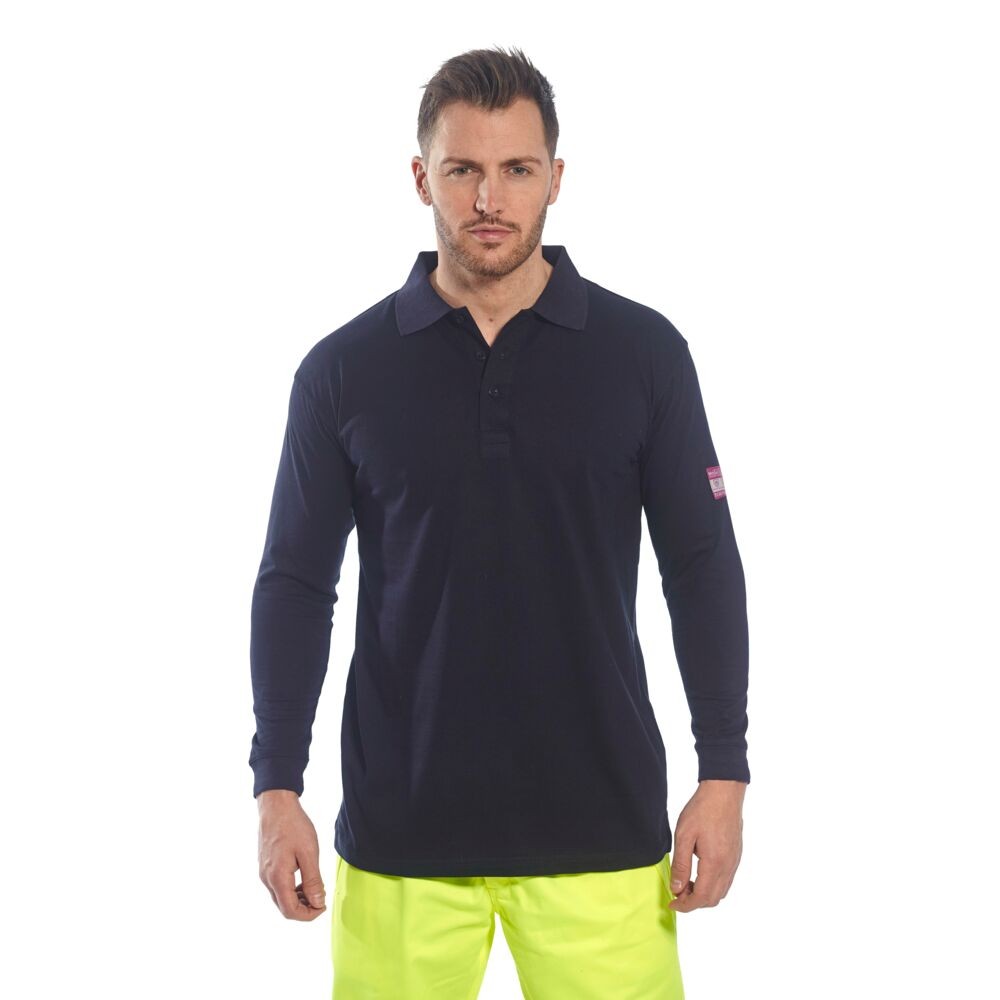 A black polo shirt featuring flame-resistant fabric, suitable for a wide range of outdoor and site work applications.