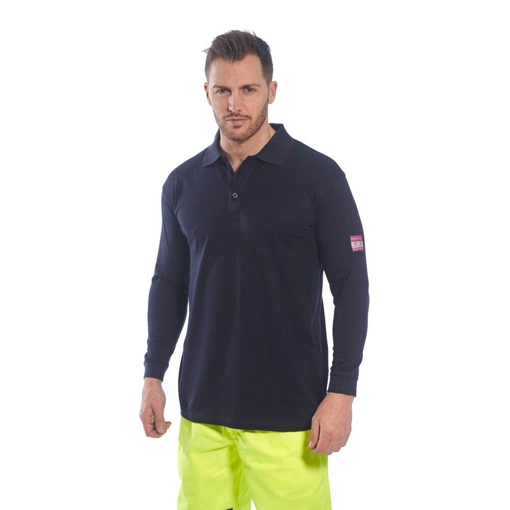 A black polo shirt featuring flame-resistant fabric, suitable for a wide range of outdoor and site work applications.