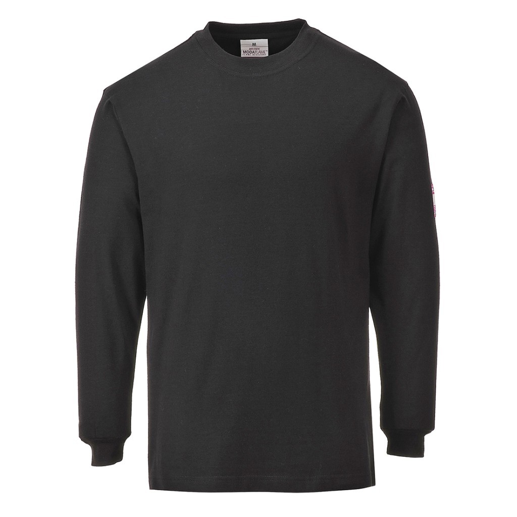 A black work shirt featuring flame-resistant fabric, suitable for a wide range of outdoor and site work applications.