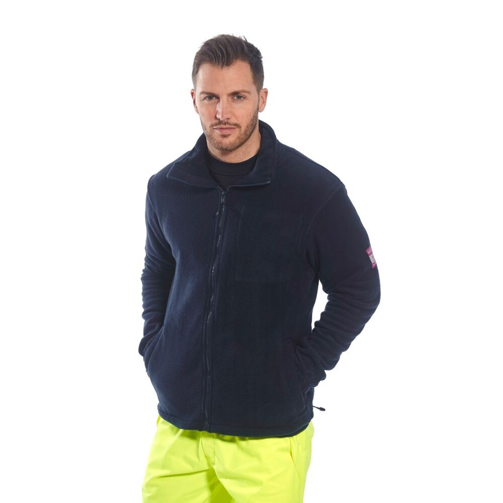 A navy blue fleece jacket featuring flame-resistant fabric, suitable for a wide range of outdoor and site work applications.
