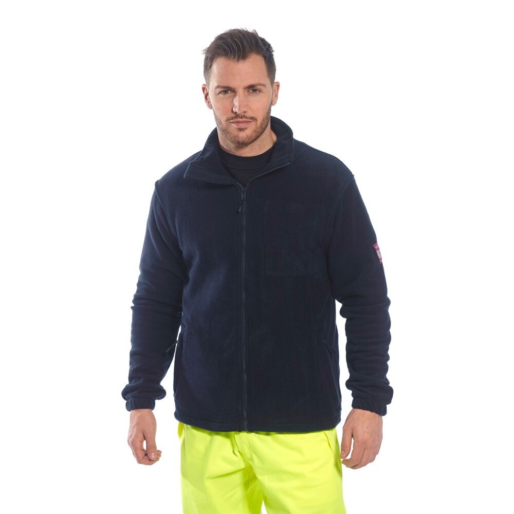 A navy blue fleece jacket featuring flame-resistant fabric, suitable for a wide range of outdoor and site work applications.