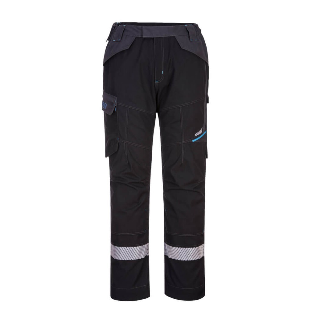 A pair of black work trousers featuring flame-resistant fabric, suitable for a wide range of outdoor and site work applications.