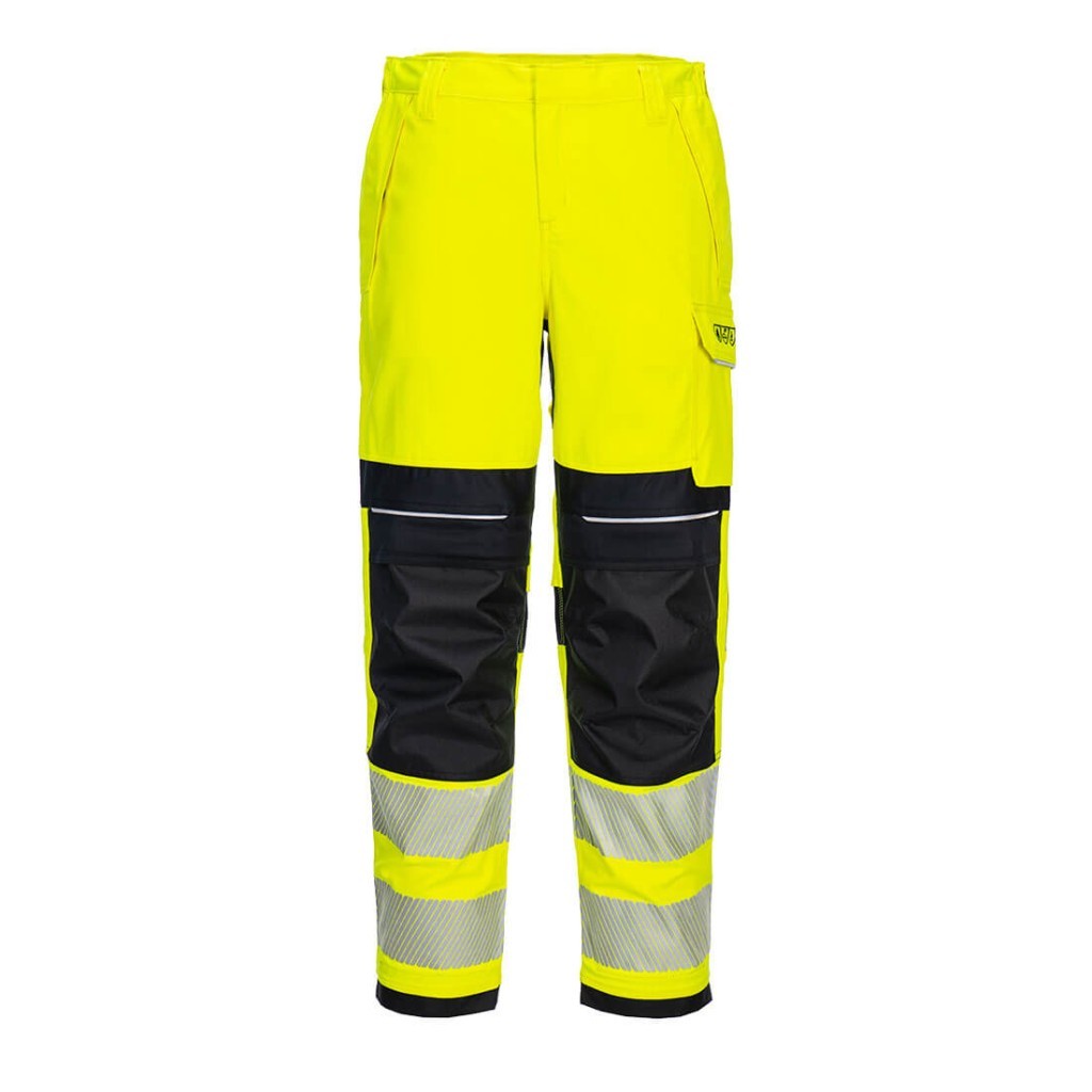 A pair of women's high-visibility yellow trousers featuring retroreflective tape panels, flame-resistant fabric, suitable for a wide range of outdoor and site work applications.