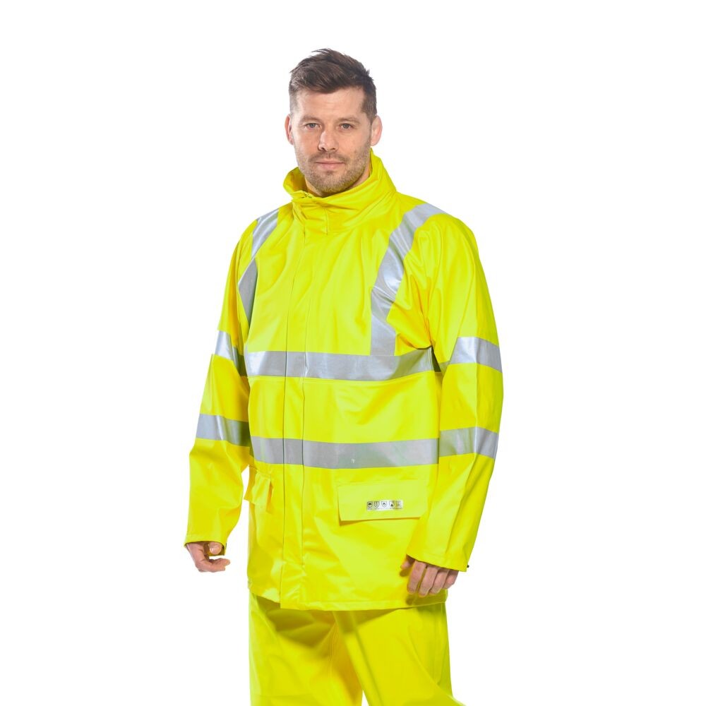 A high-visibility yellow jacket featuring retroreflective tape panels, flame-resistant fabric, suitable for a wide range of outdoor and site work applications.