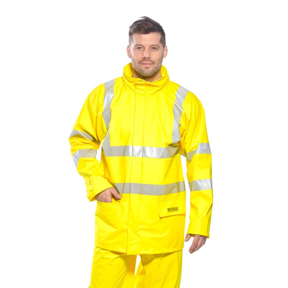 A high-visibility yellow jacket featuring retroreflective tape panels, flame-resistant fabric, suitable for a wide range of outdoor and site work applications.