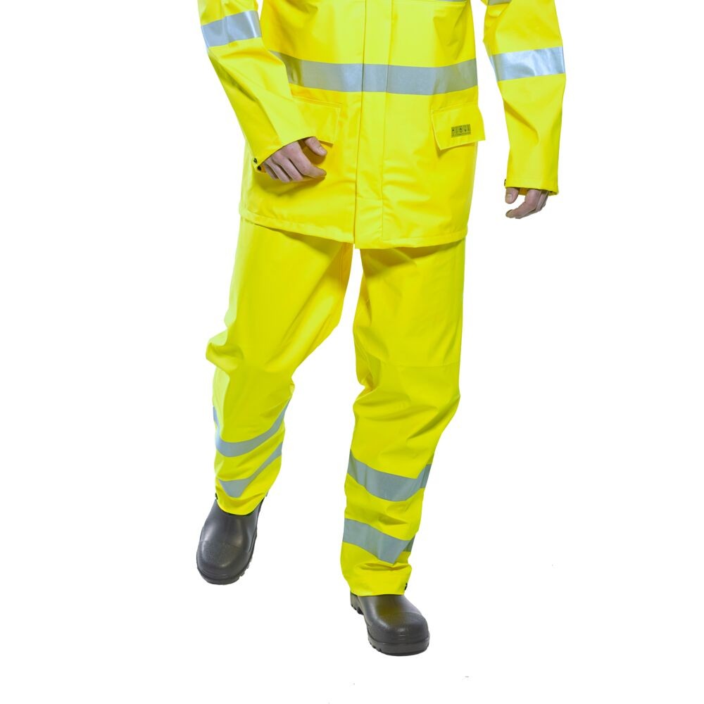 A pair of high-visibility yellow trousers featuring retroreflective tape panels, flame-resistant fabric, suitable for a wide range of outdoor and site work applications.