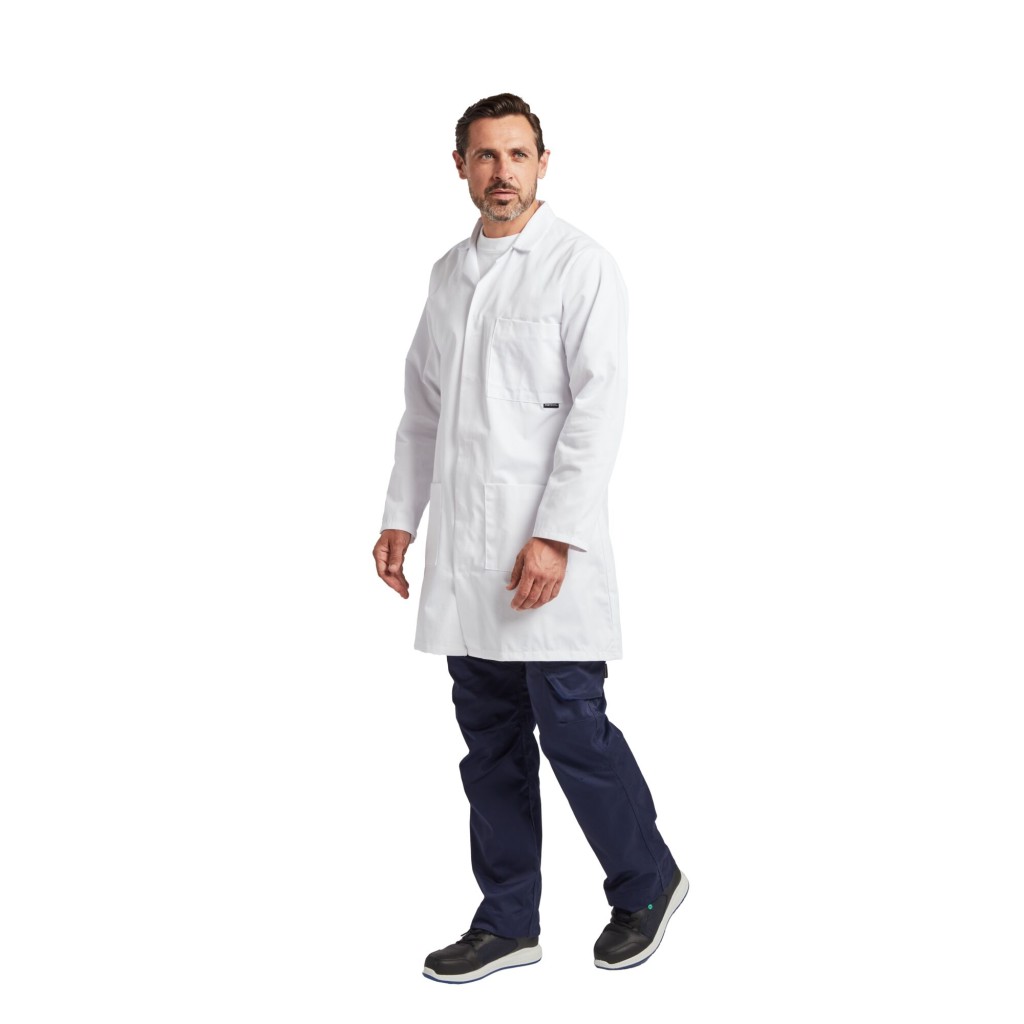 A white jacket designed for use on construction sites and in industrial work environments.,