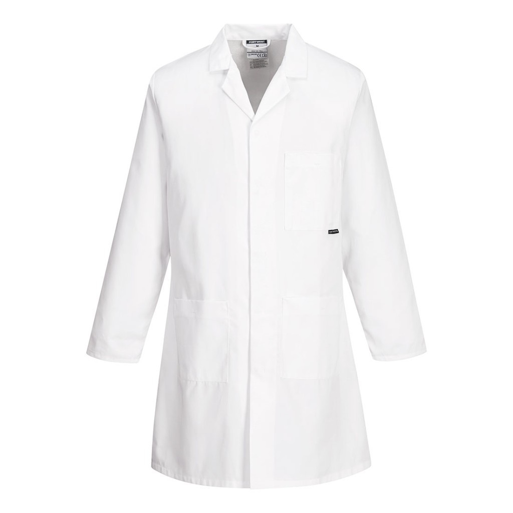 A white jacket designed for use on construction sites and in industrial work environments.,