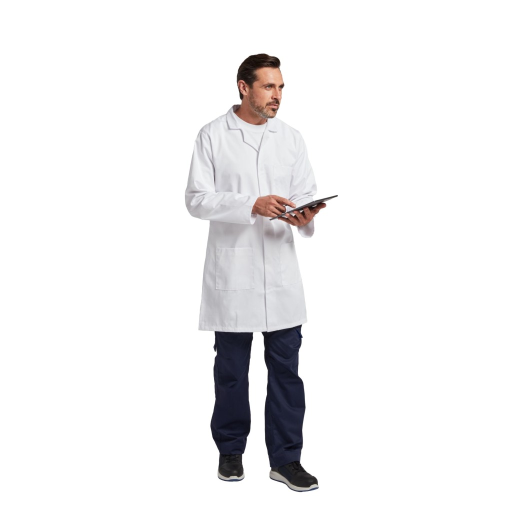 A white jacket designed for use on construction sites and in industrial work environments.,