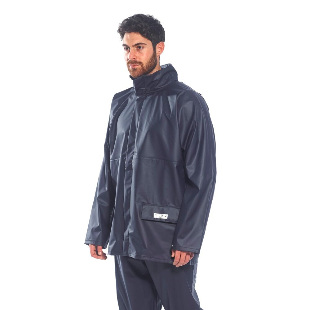 A navy blue jacket featuring flame-resistant fabric, suitable for a wide range of outdoor and site work applications.