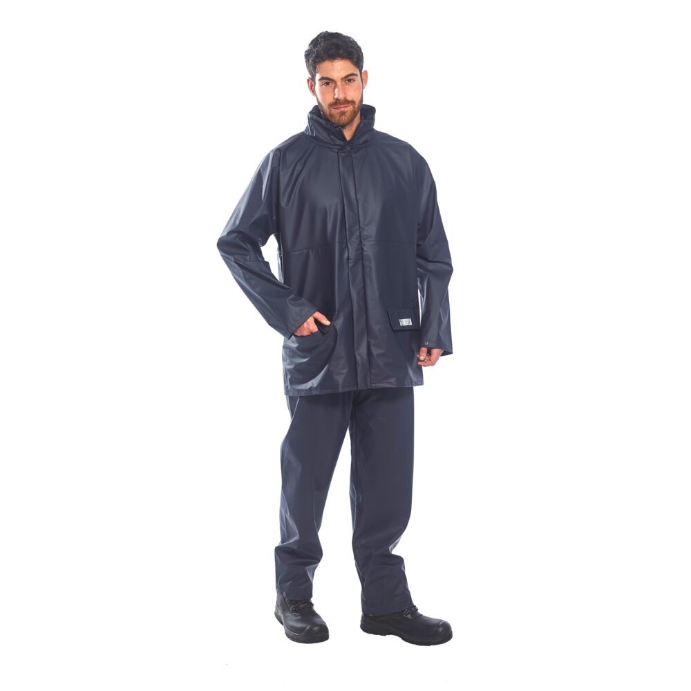 A navy blue jacket featuring flame-resistant fabric, suitable for a wide range of outdoor and site work applications.