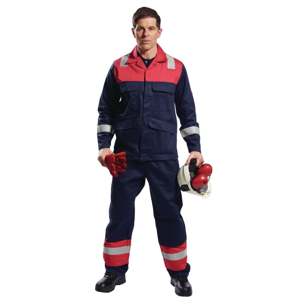 A navy blue jacket featuring flame-resistant fabric, suitable for a wide range of outdoor and site work applications.