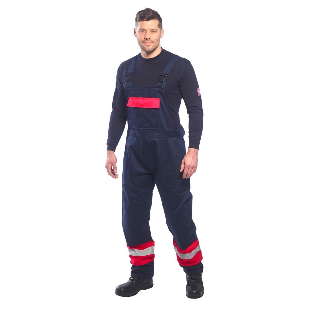 A navy blue workwear garment featuring flame-resistant fabric, suitable for a wide range of outdoor and site work applications.