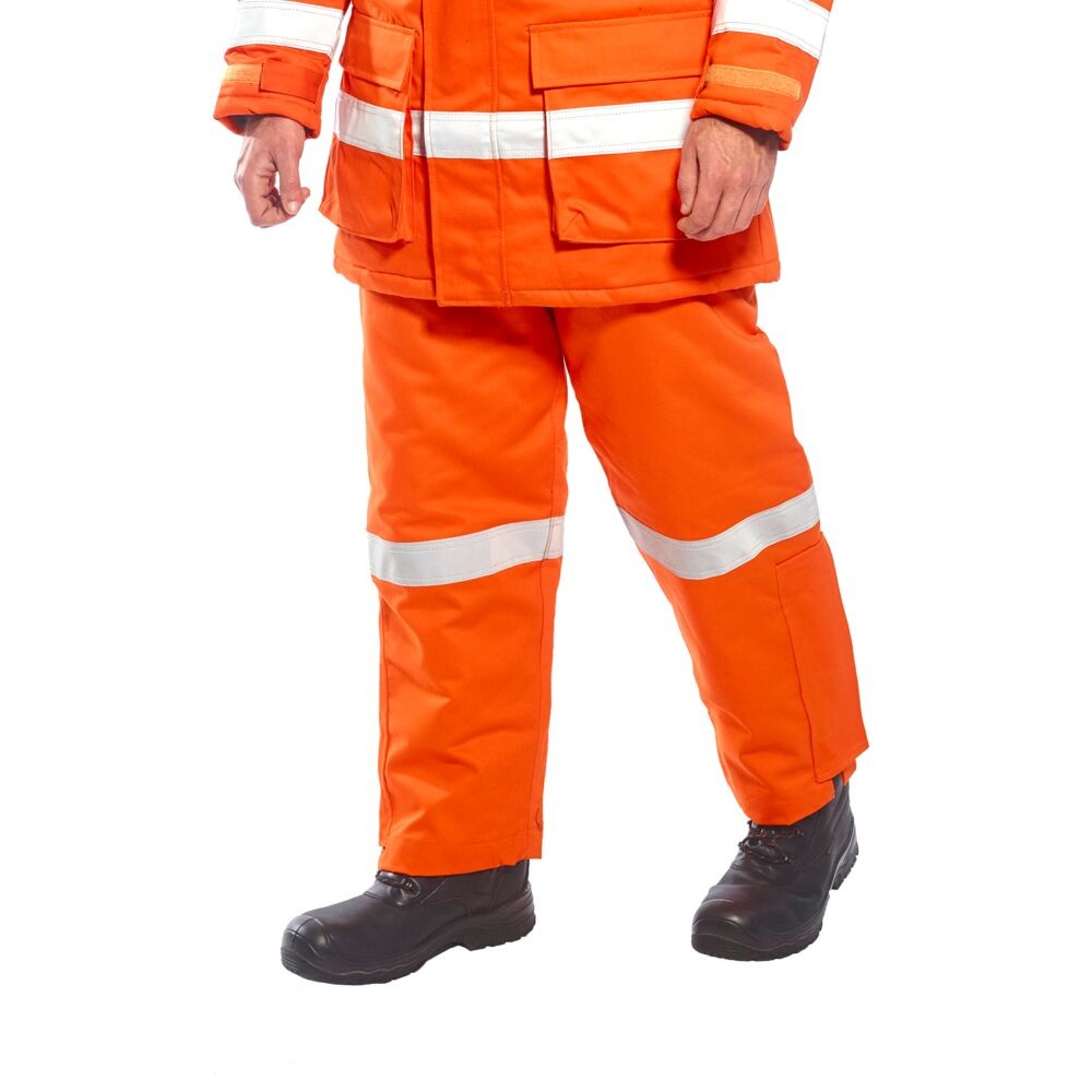 A orange workwear garment featuring anti-static properties, flame-resistant fabric, suitable for a wide range of outdoor and site work applications.