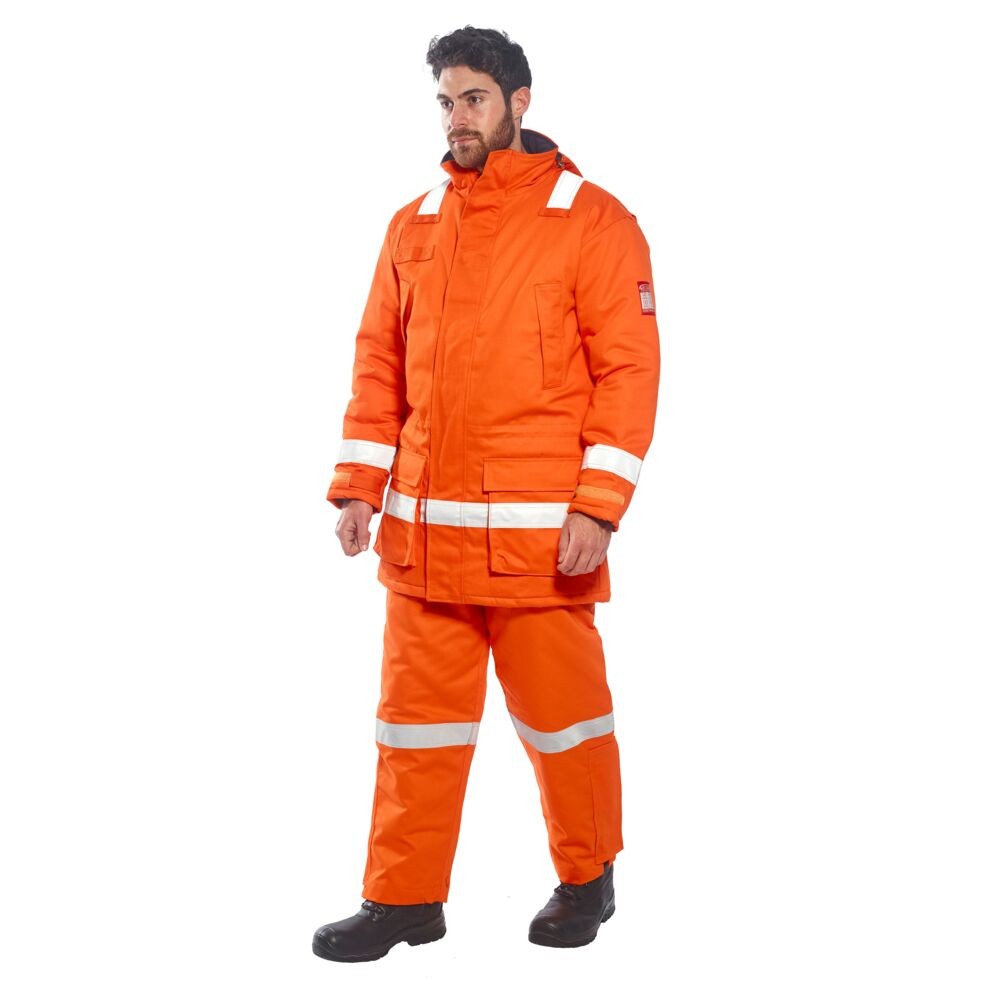A orange padded jacket featuring a warm thermal lining, flame-resistant fabric, suitable for a wide range of outdoor and site work applications.