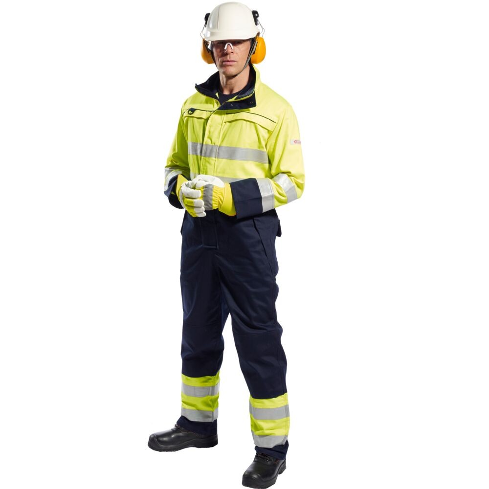 A high-visibility yellow coverall featuring retroreflective tape panels, flame-resistant fabric, suitable for a wide range of outdoor and site work applications.
