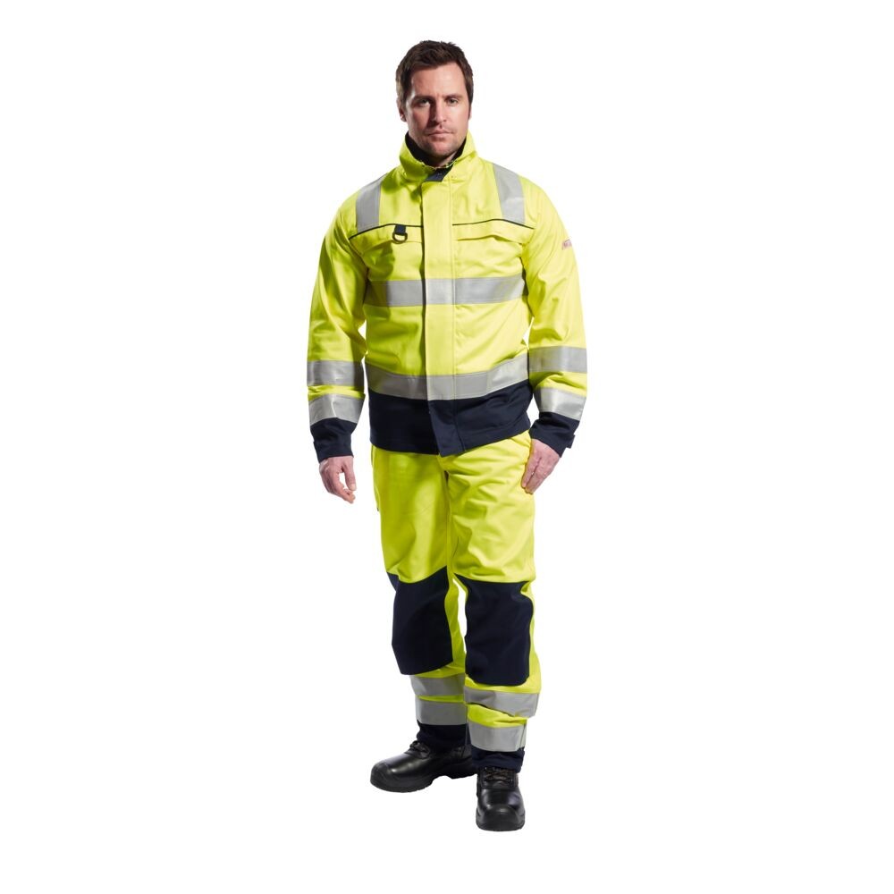 A high-visibility yellow jacket featuring retroreflective tape panels, flame-resistant fabric, suitable for a wide range of outdoor and site work applications.