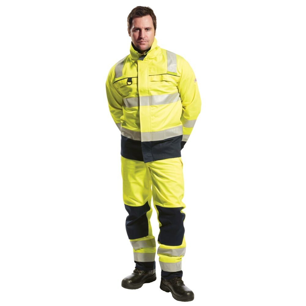 A high-visibility yellow jacket featuring retroreflective tape panels, flame-resistant fabric, suitable for a wide range of outdoor and site work applications.