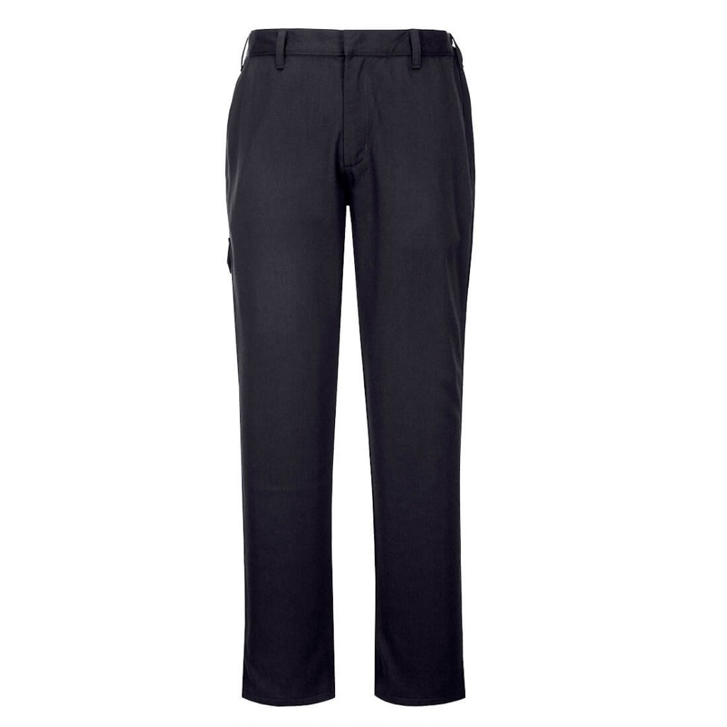 A pair of navy blue work trousers featuring flame-resistant fabric, suitable for a wide range of outdoor and site work applications.