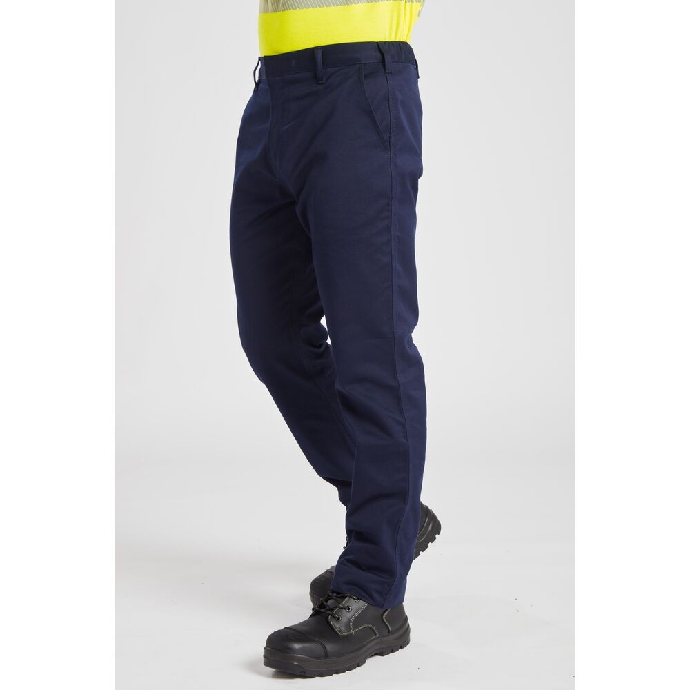 A pair of navy blue work trousers featuring flame-resistant fabric, suitable for a wide range of outdoor and site work applications.