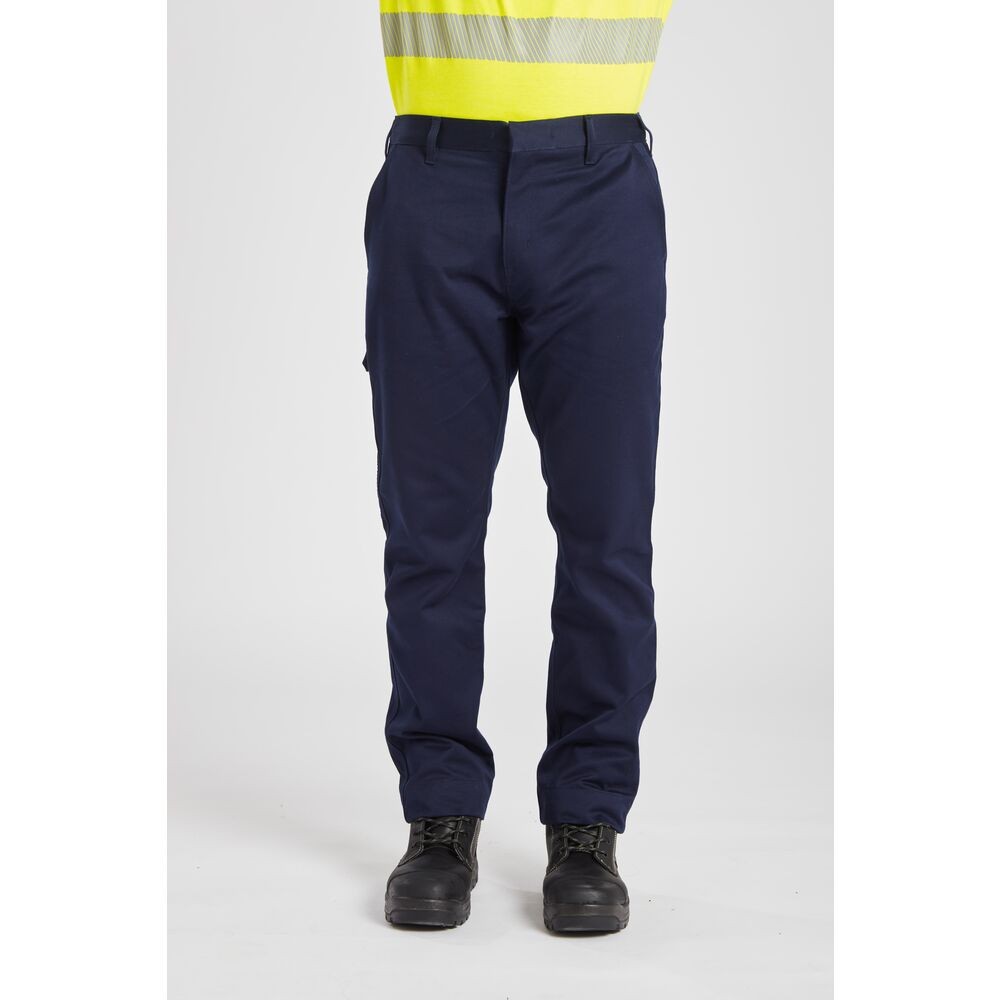 A pair of navy blue work trousers featuring flame-resistant fabric, suitable for a wide range of outdoor and site work applications.