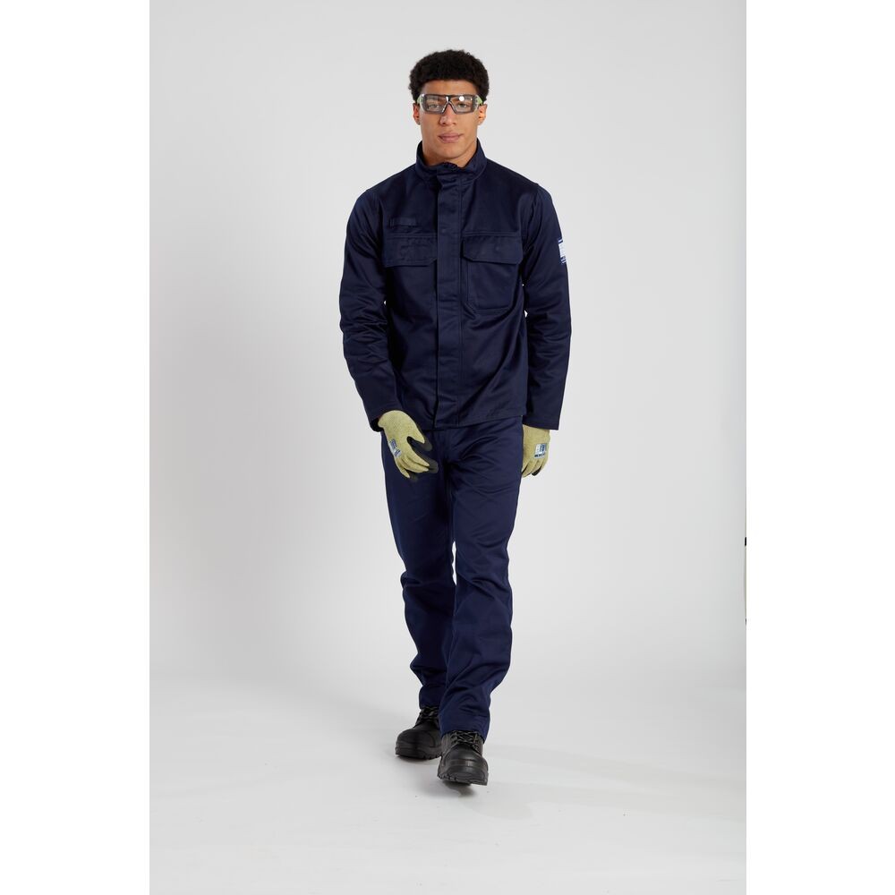 A navy blue jacket featuring flame-resistant fabric, suitable for a wide range of outdoor and site work applications.