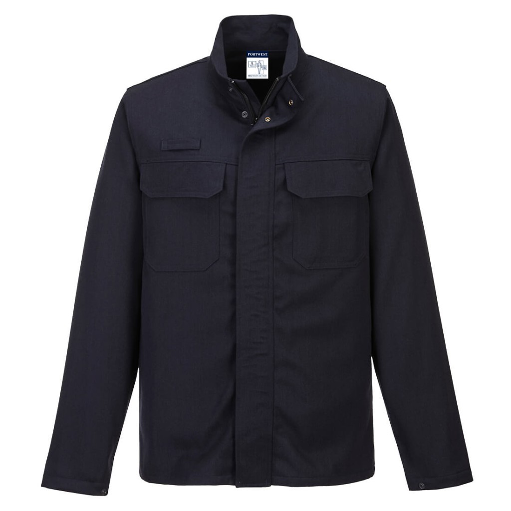 A navy blue jacket featuring flame-resistant fabric, suitable for a wide range of outdoor and site work applications.