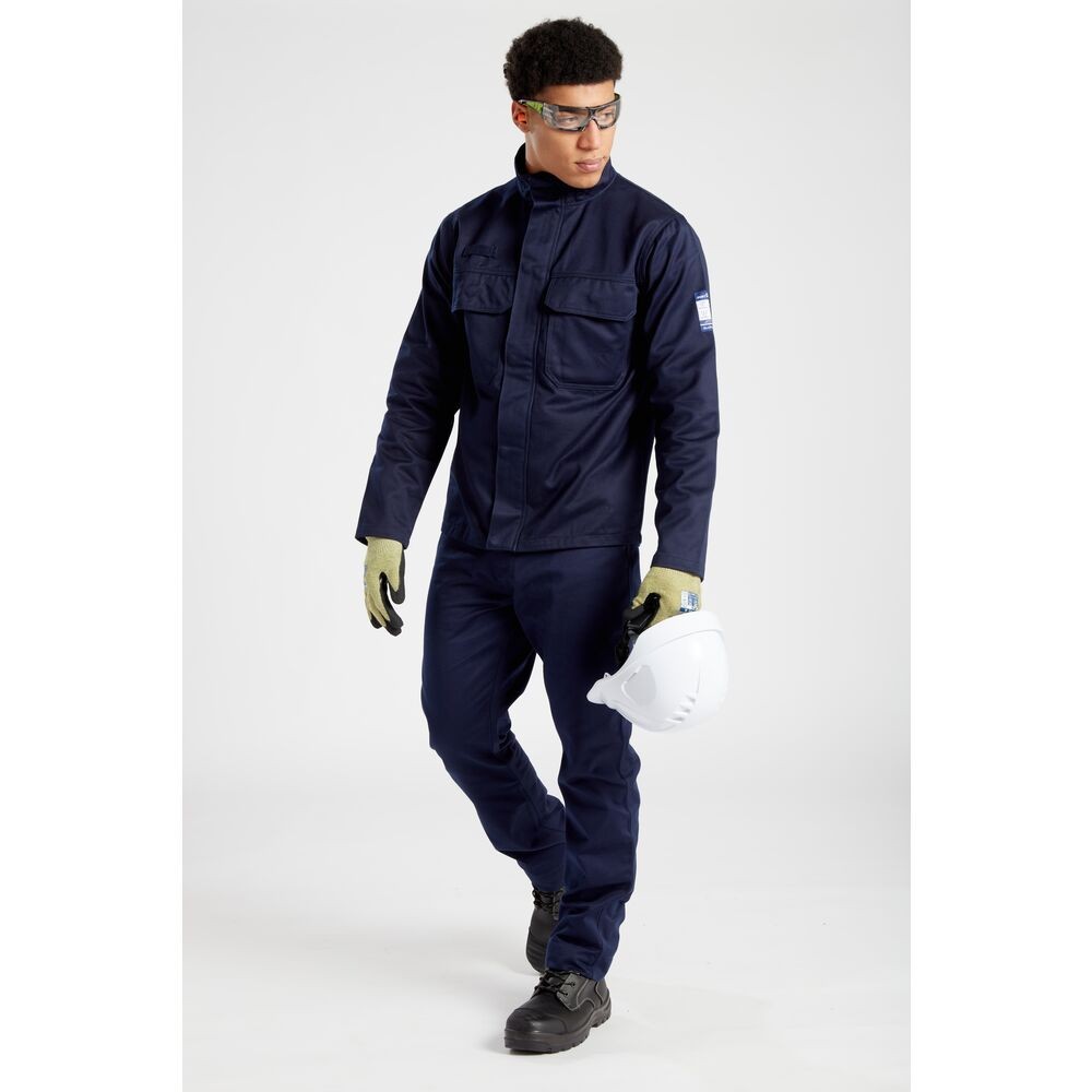 A navy blue jacket featuring flame-resistant fabric, suitable for a wide range of outdoor and site work applications.