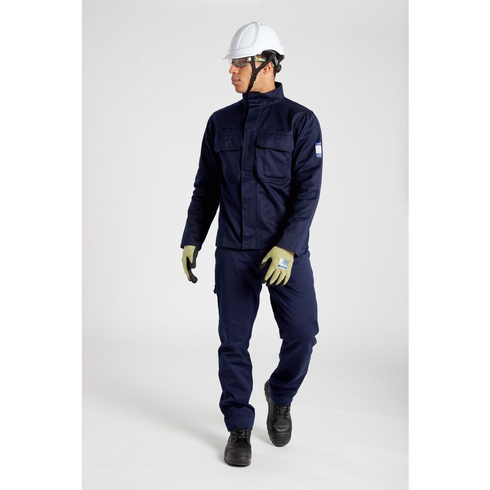 A navy blue jacket featuring flame-resistant fabric, suitable for a wide range of outdoor and site work applications.
