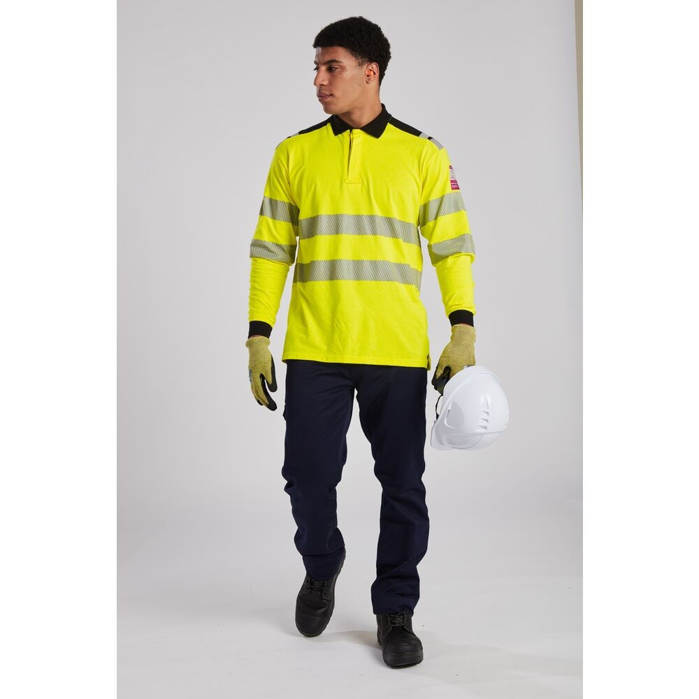 A high-visibility yellow polo shirt featuring retroreflective tape panels, flame-resistant fabric, suitable for a wide range of outdoor and site work applications.