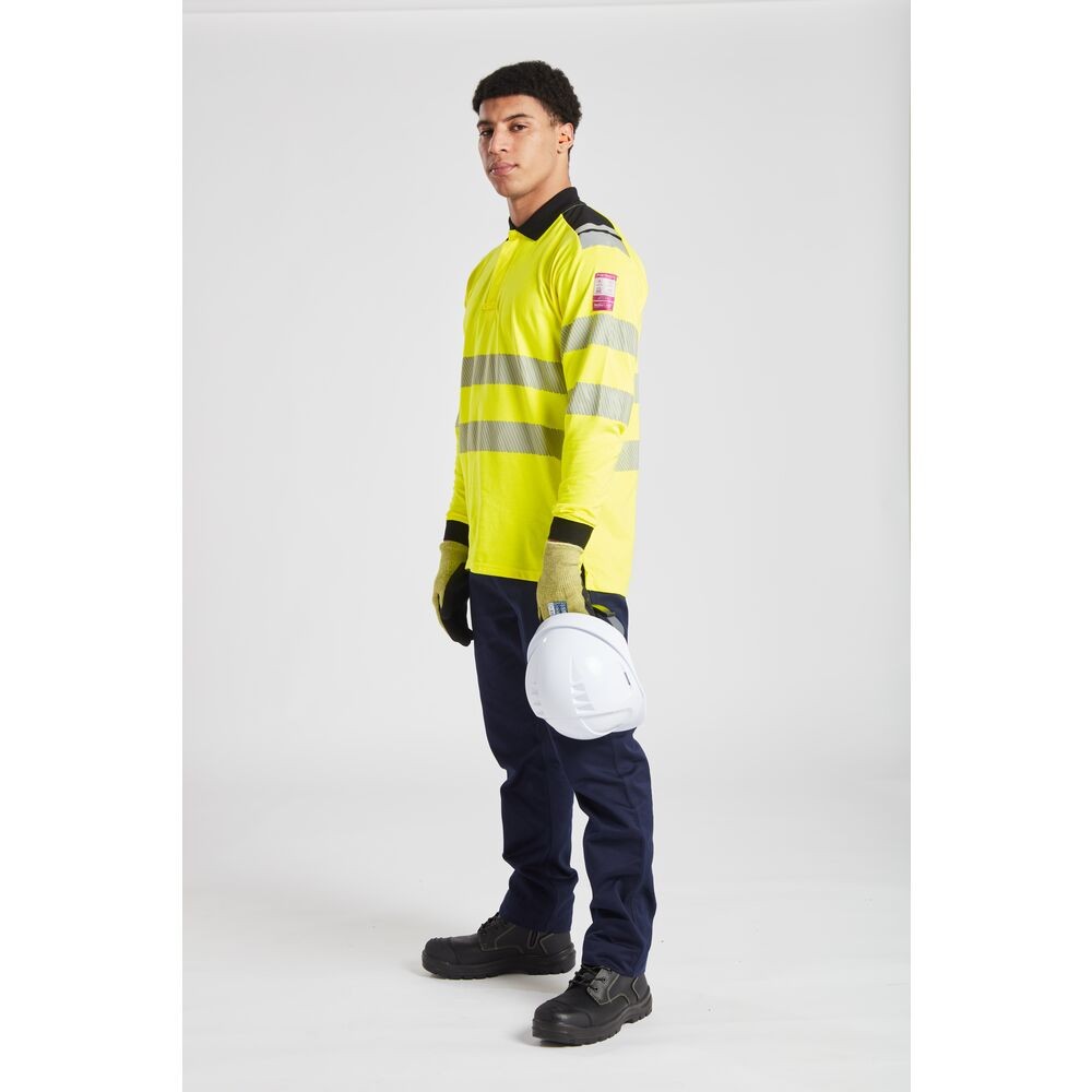 A high-visibility yellow polo shirt featuring retroreflective tape panels, flame-resistant fabric, suitable for a wide range of outdoor and site work applications.