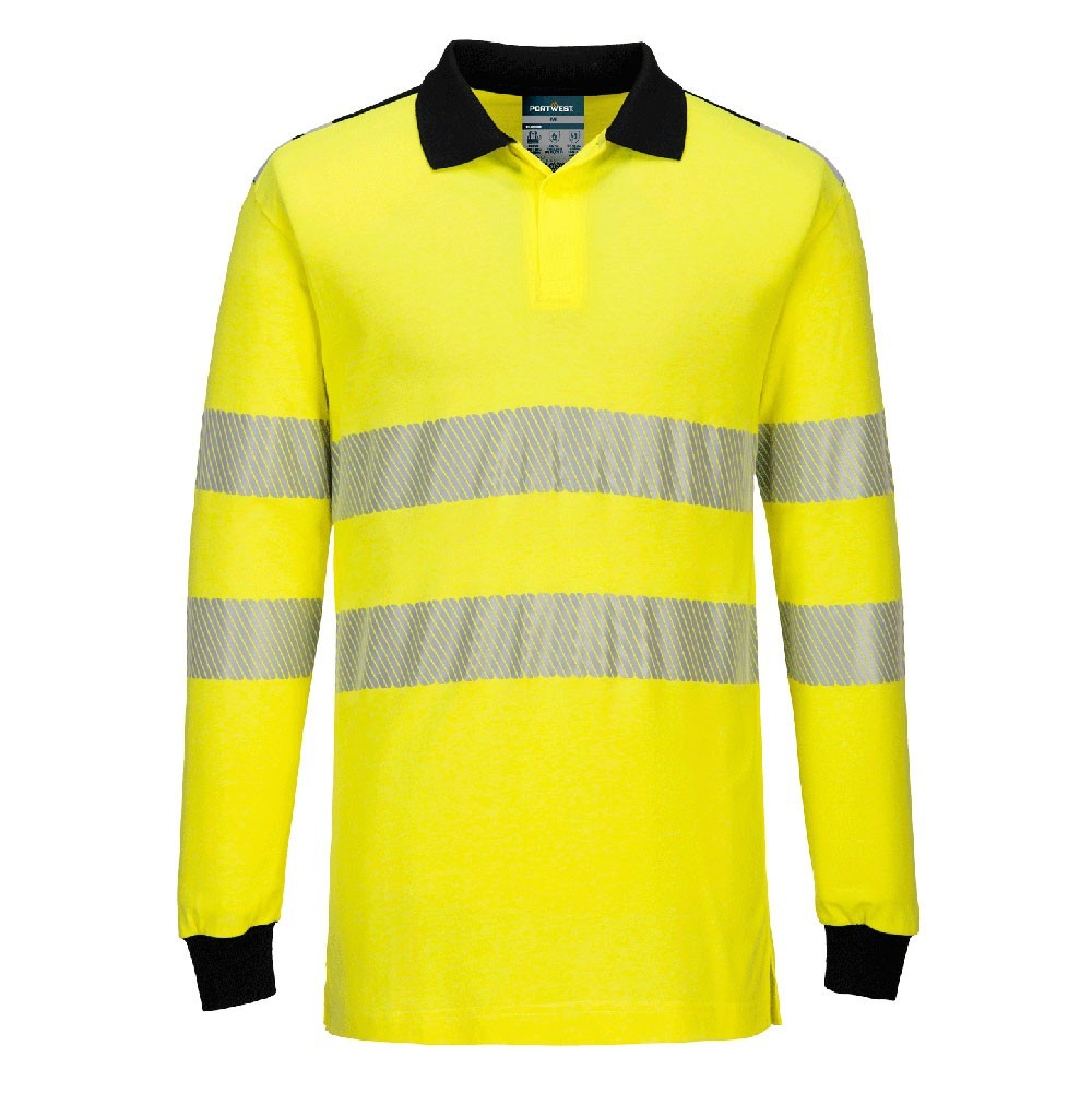 A high-visibility yellow polo shirt featuring retroreflective tape panels, flame-resistant fabric, suitable for a wide range of outdoor and site work applications.