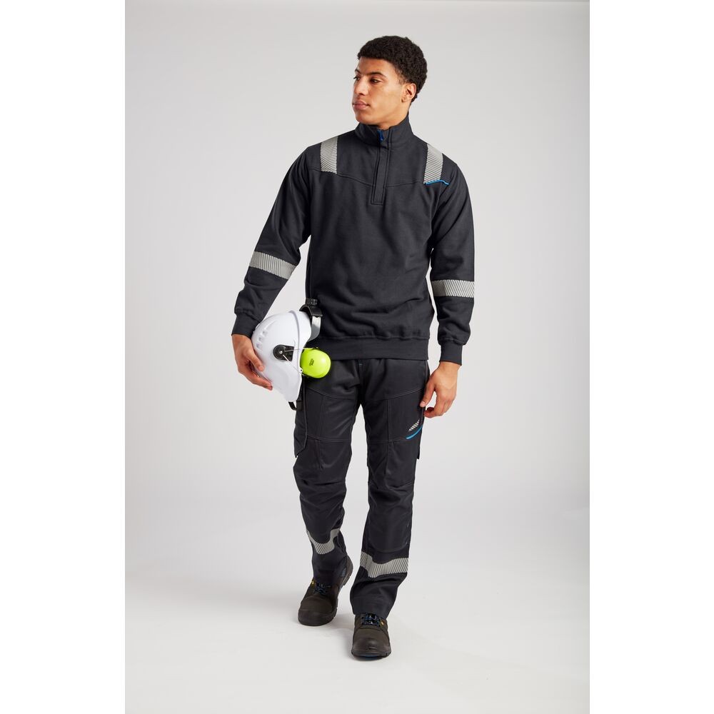 A black work shirt featuring a full-length zip front, flame-resistant fabric, suitable for a wide range of outdoor and site work applications.
