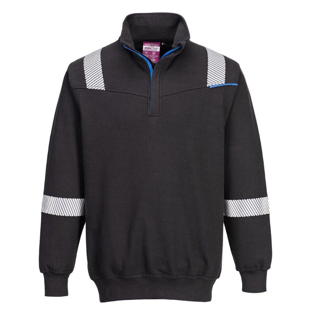 A black work shirt featuring a full-length zip front, flame-resistant fabric, suitable for a wide range of outdoor and site work applications.