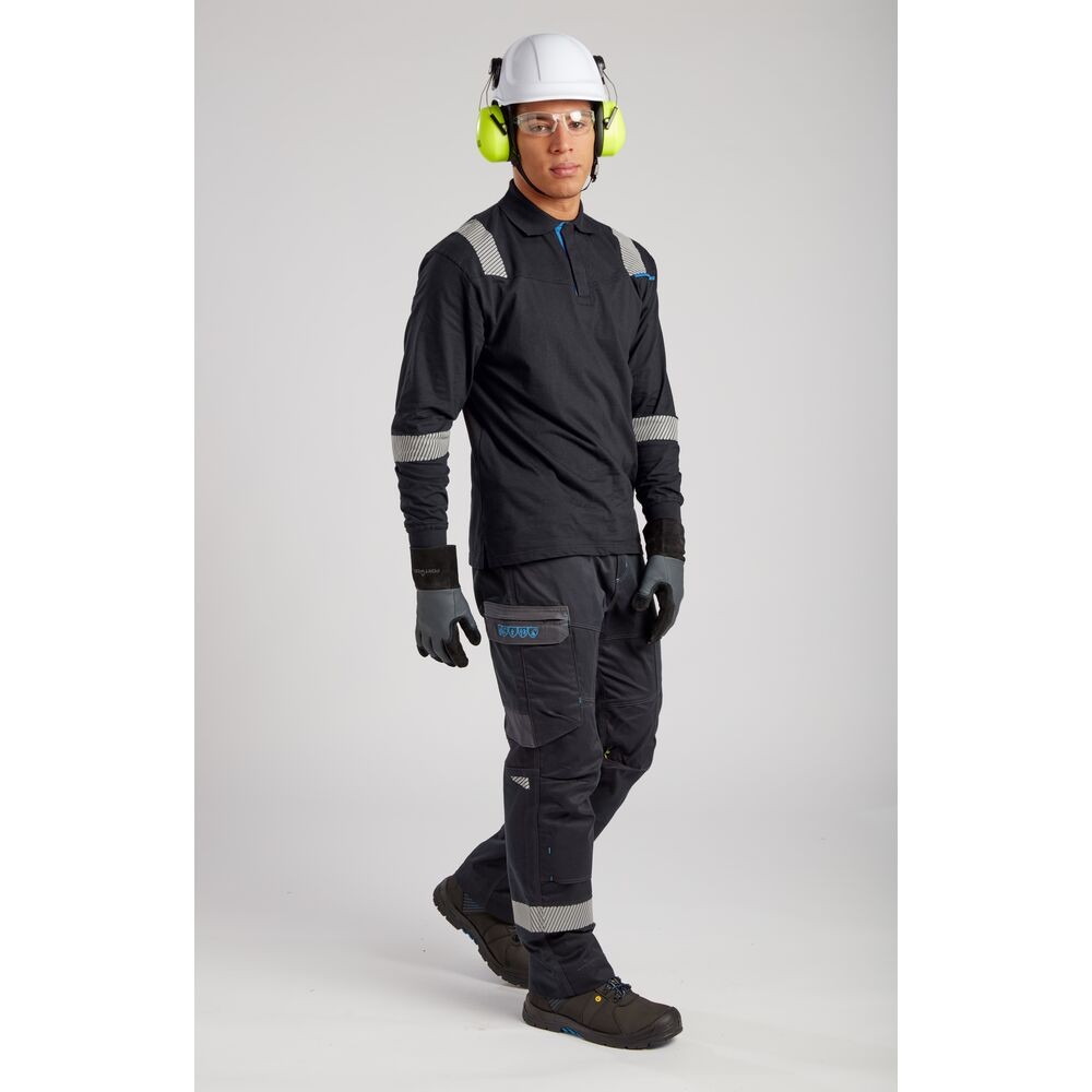 A black polo shirt featuring flame-resistant fabric, suitable for a wide range of outdoor and site work applications.
