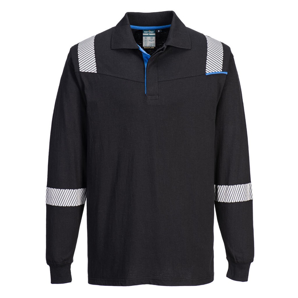 A black polo shirt featuring flame-resistant fabric, suitable for a wide range of outdoor and site work applications.