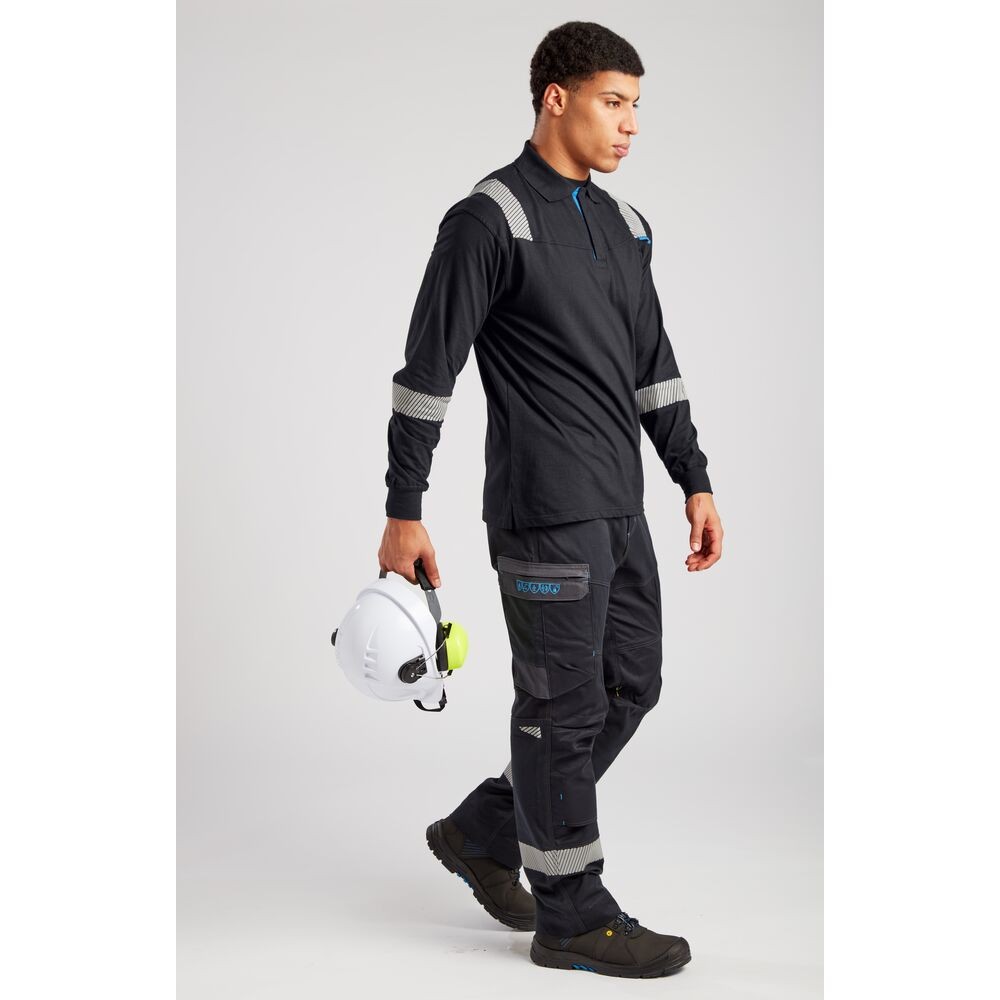 A black polo shirt featuring flame-resistant fabric, suitable for a wide range of outdoor and site work applications.