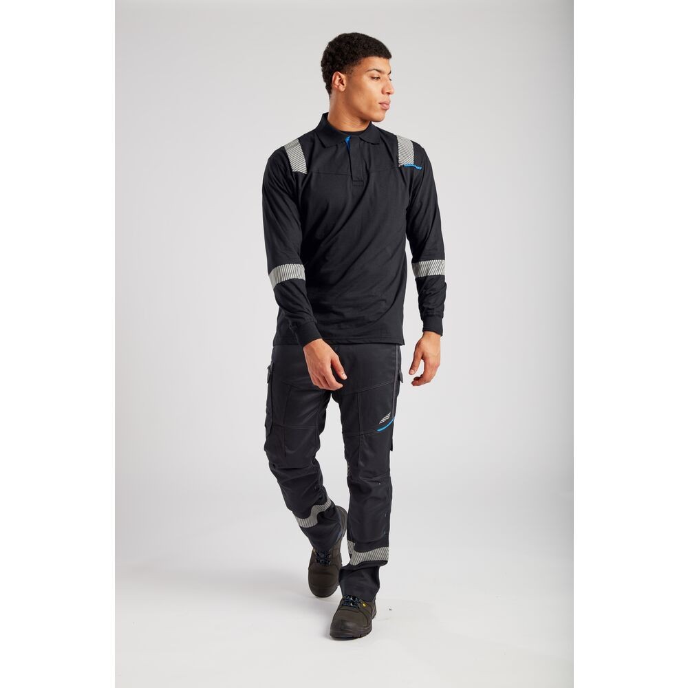 A black polo shirt featuring flame-resistant fabric, suitable for a wide range of outdoor and site work applications.