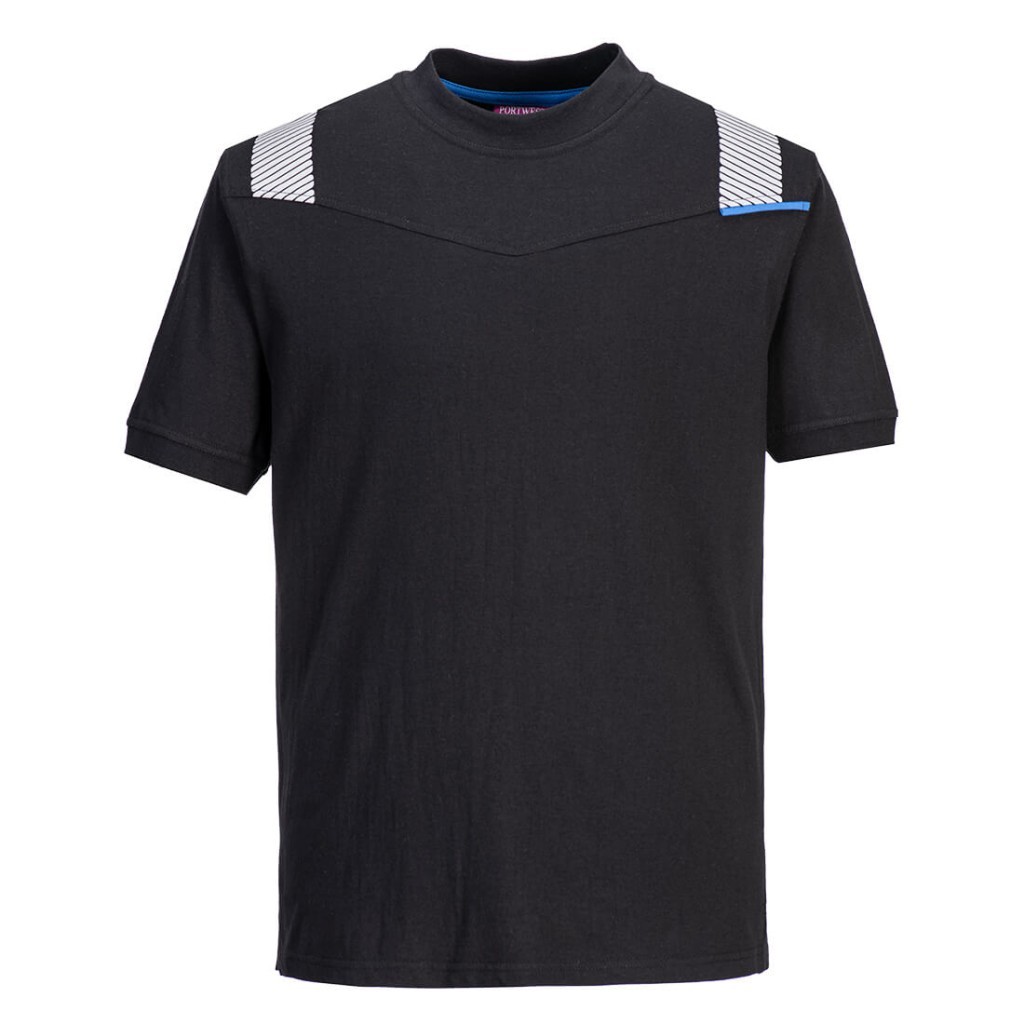 A black work shirt featuring flame-resistant fabric, suitable for a wide range of outdoor and site work applications.