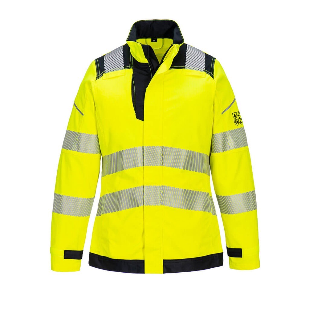 A women's high-visibility yellow jacket featuring retroreflective tape panels, flame-resistant fabric, suitable for a wide range of outdoor and site work applications.