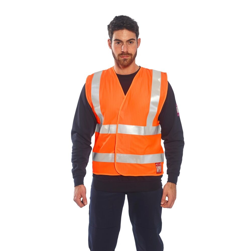 A high-visibility orange vest featuring retroreflective tape panels, flame-resistant fabric, suitable for a wide range of outdoor and site work applications.