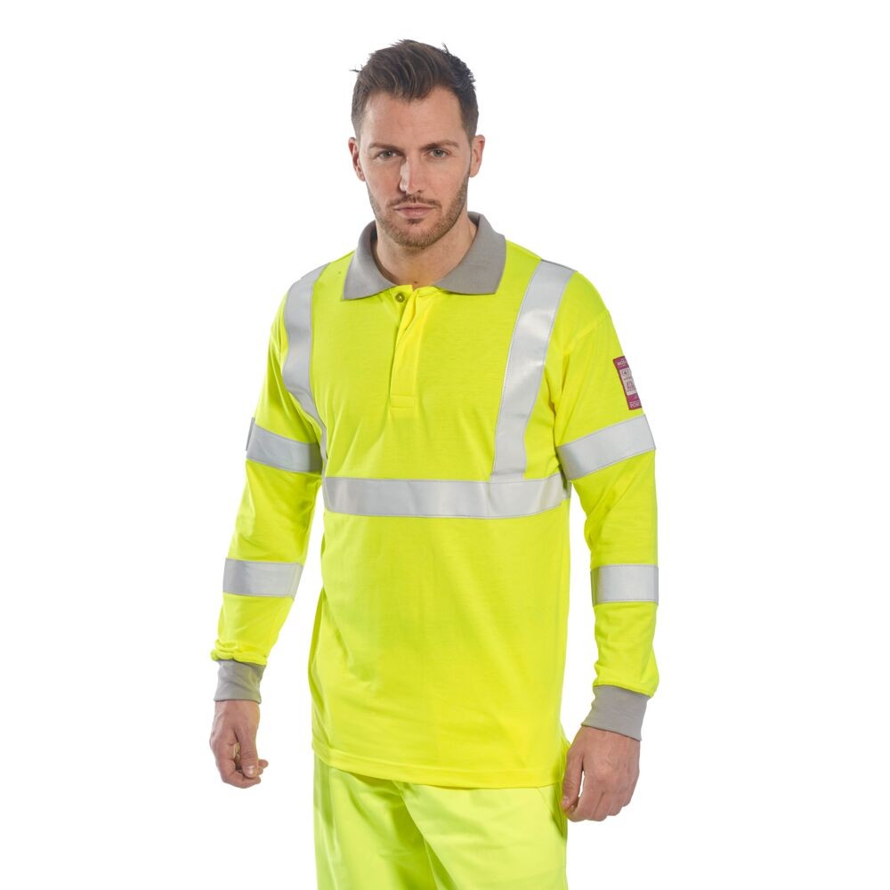A high-visibility yellow polo shirt featuring retroreflective tape panels, flame-resistant fabric, suitable for a wide range of outdoor and site work applications.