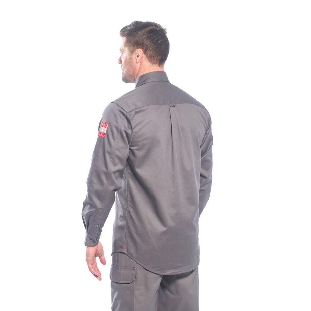 A grey work shirt featuring flame-resistant fabric, suitable for a wide range of outdoor and site work applications.
