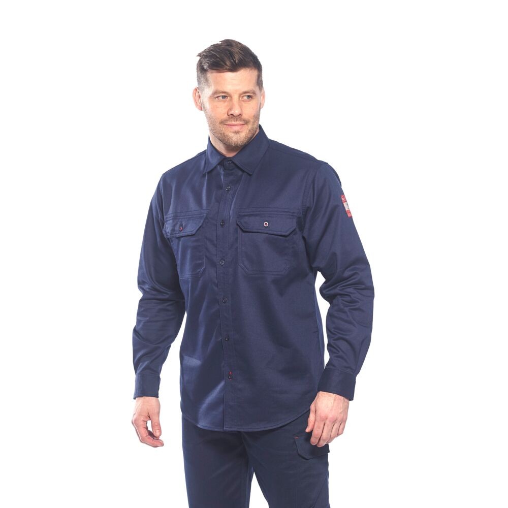 A navy blue work shirt featuring flame-resistant fabric, suitable for a wide range of outdoor and site work applications.